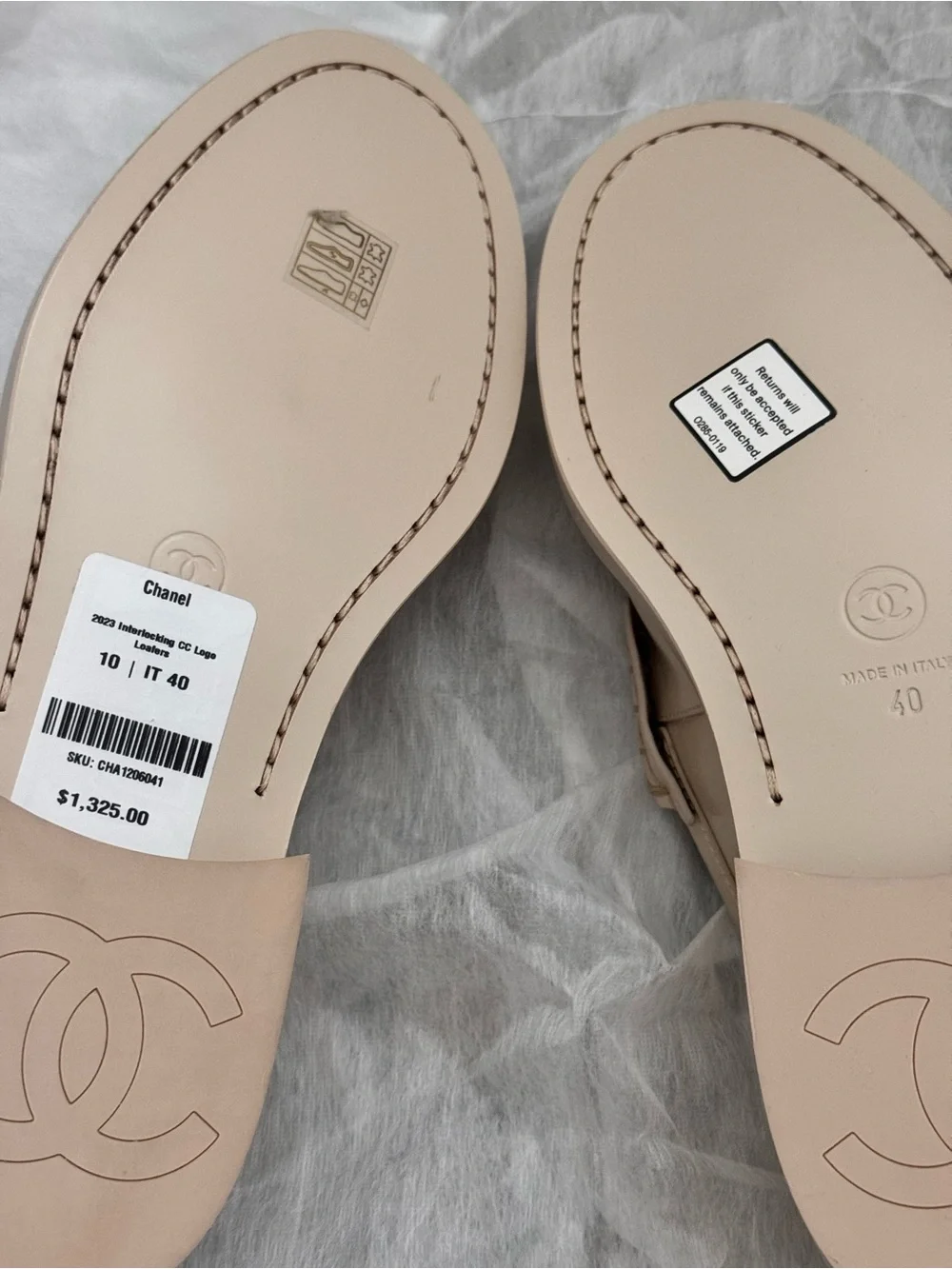 CHANEL Beige Patent Leather Penny Loafers